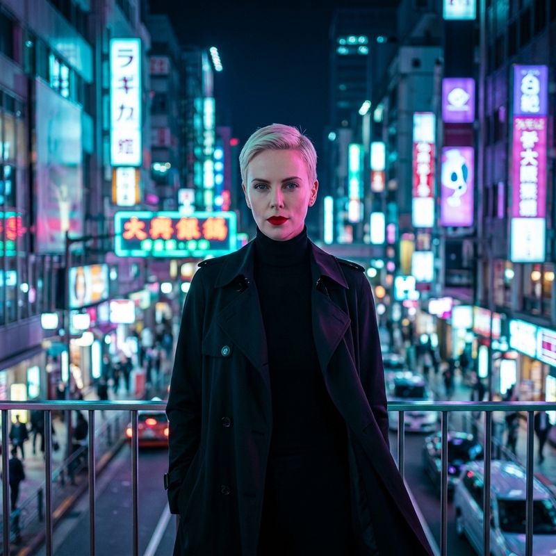 The same woman on a city rooftop at night in a black trench coat, neon skyline behind her