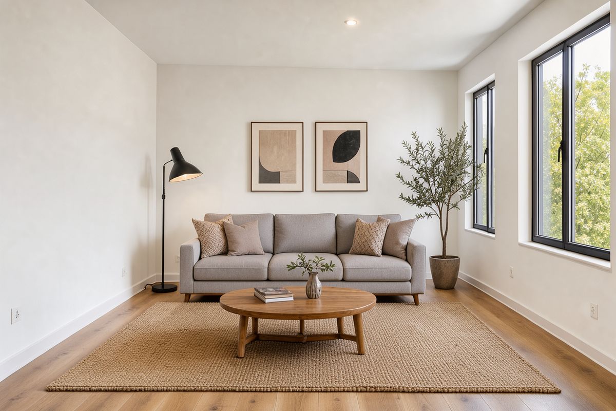 The same room furnished with a light gray sofa, a round oak coffee table on a jute rug, a black floor lamp, two framed abstract prints and a potted olive tree by the windows