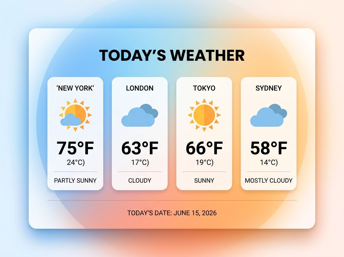 A clean weather infographic card showing current temperatures and icons for New York, London, Tokyo, and Sydney