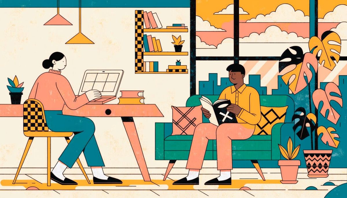 Flat vector illustration of a cozy modern coworking space at sunset, a woman with a low bun typing on a laptop at a walnut desk, a man reading a magazine on a mid-century green sofa, a large monstera plant in the corner, floor-to-ceiling window casting long golden shadows across a wooden floor