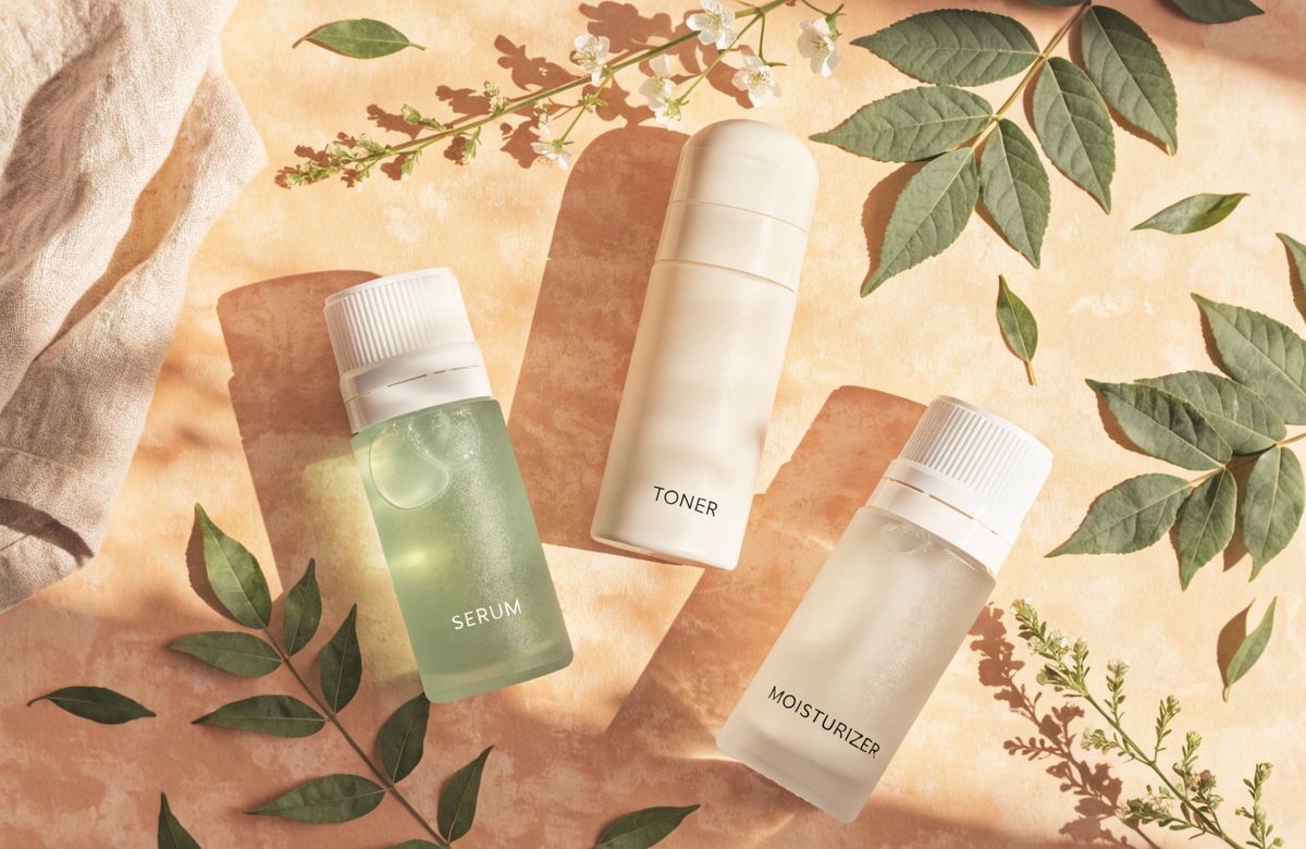 A flat-lay product arrangement of skincare bottles with a terracotta, sage green, and cream color palette applied via settings.colors