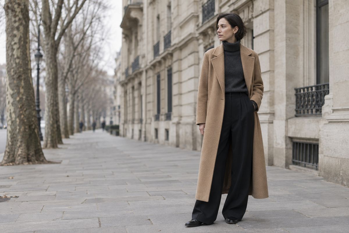 A woman in a long camel wool coat over a charcoal roll-neck and wide black trousers standing on a city pavement, a limestone building front and bare plane trees blurred behind her under flat overcast daylight