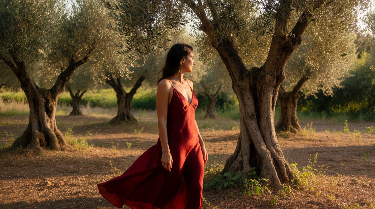 A woman in a crimson silk dress walking through an olive grove at golden hour with dappled light