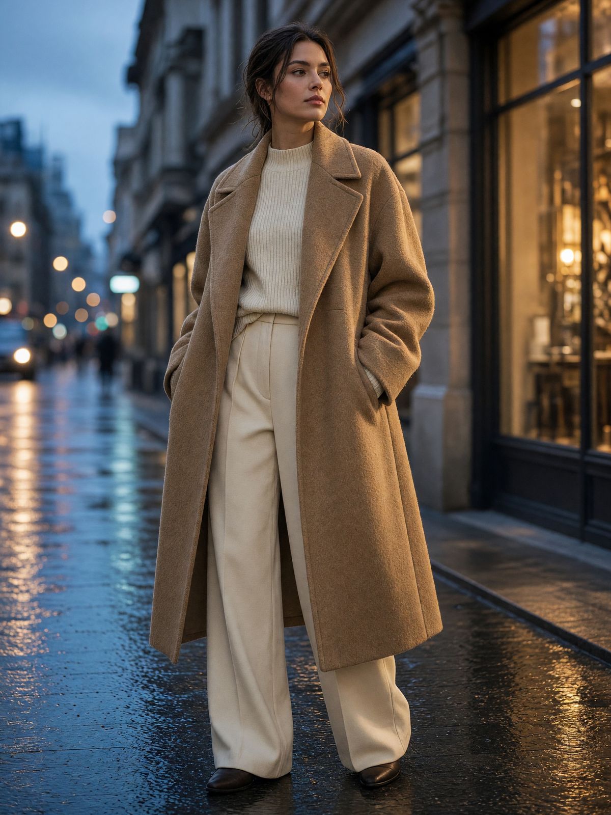 A full-length fashion editorial of a model in an oversized camel wool coat and cream knit on a rain-slicked city street at blue hour, warm shop lights glowing behind her