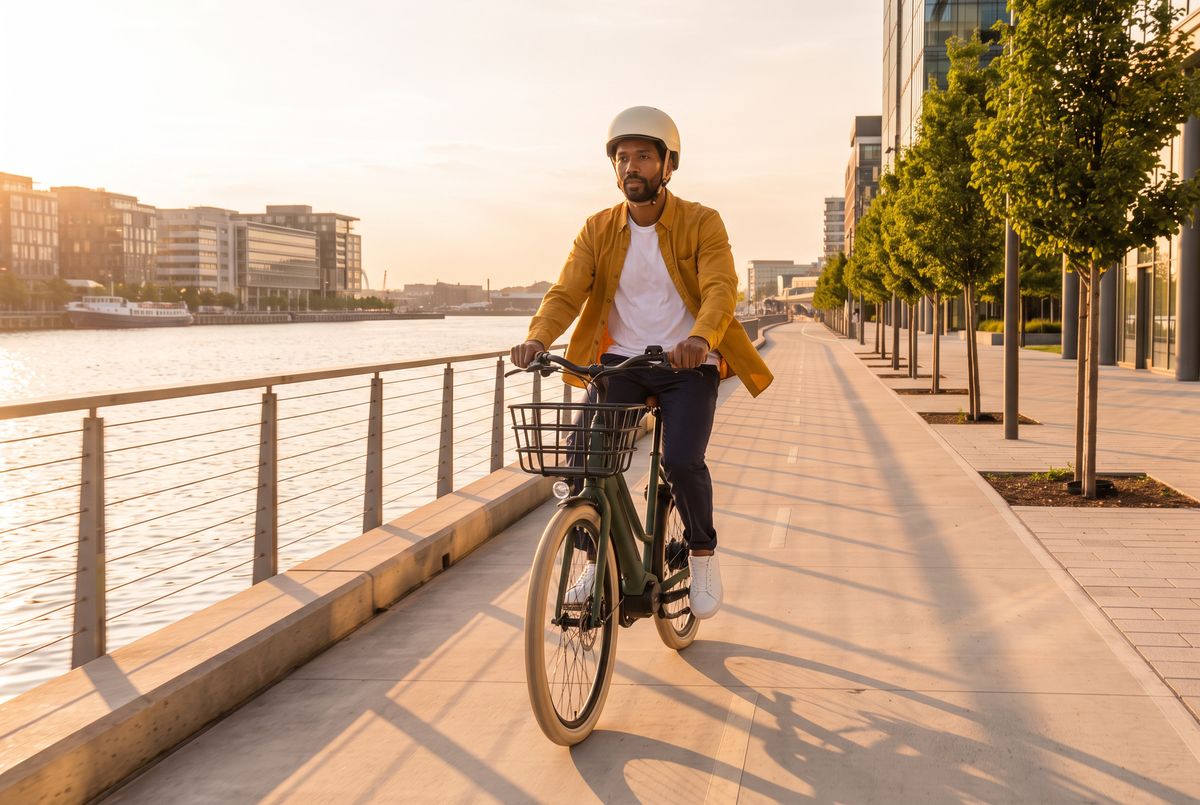 A man with curly black hair and a beard in a mustard overshirt and a cream helmet riding a forest green e-bike with a tan saddle along a waterfront cycle path at golden hour, the harbor on the left