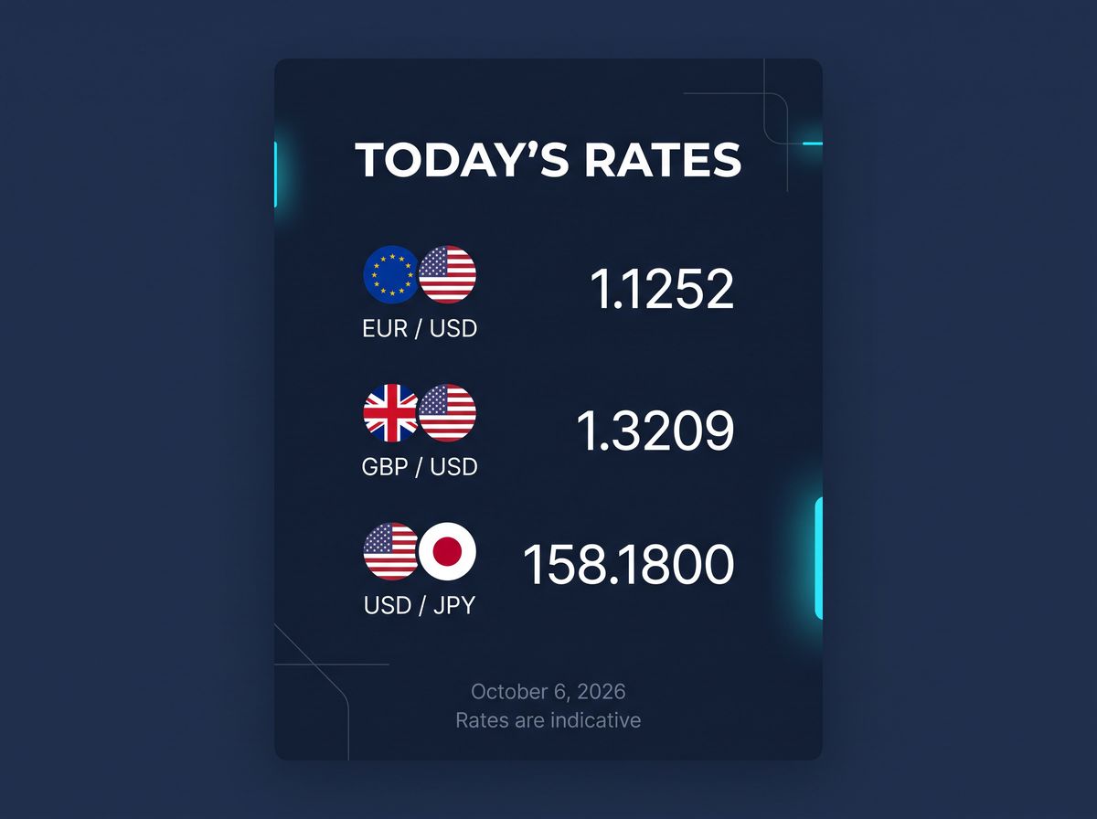 A deep navy social card titled TODAY'S RATES with three rows of flag icons, the currency pairs EUR / USD at 1.1252, GBP / USD at 1.3209, and USD / JPY at 158.1800, the date October 6, 2026, and the line Rates are indicative