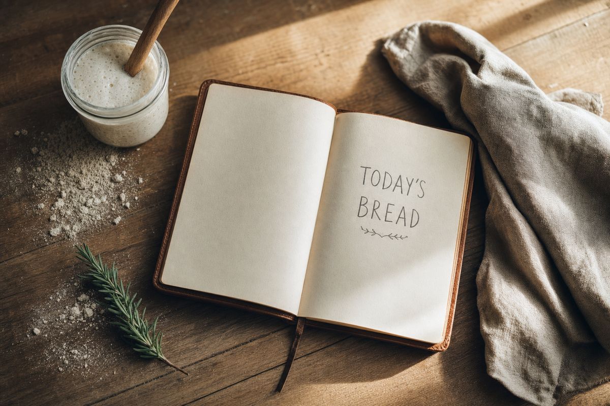 An editorial flat-lay photograph of a leather-bound notebook open to a hand-lettered TODAY'S BREAD page, next to a sourdough starter jar, flour, a rosemary sprig, and a linen cloth on raw wood