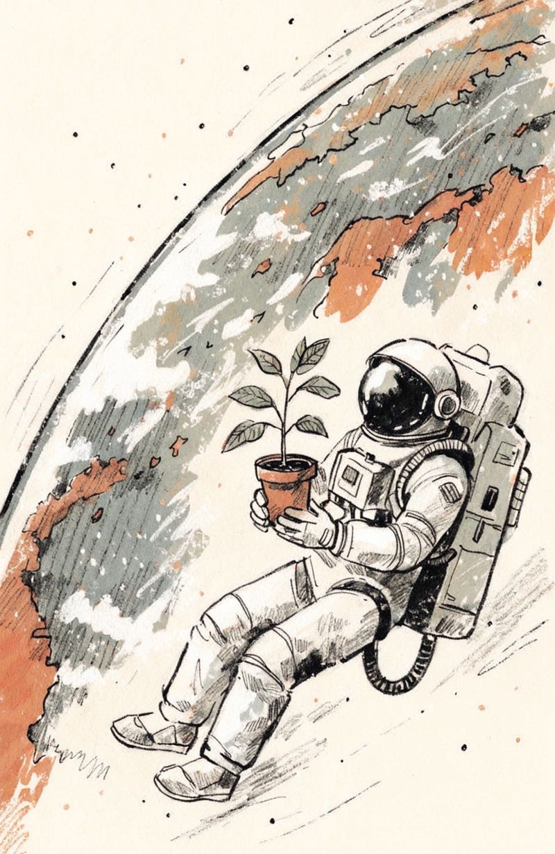 Editorial magazine illustration of an astronaut in a white spacesuit floating in orbit above Earth, holding a small potted green seedling in gloved hands, with the blue curvature of Earth and a scattered star field visible behind
