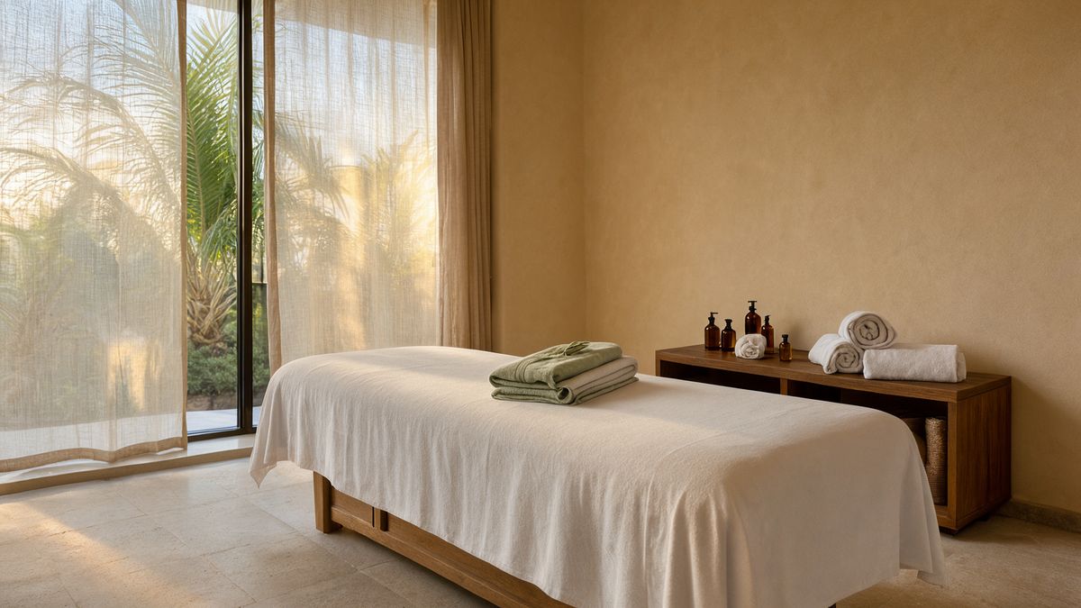 A spa treatment room with a massage table in white linen and a folded sage towel, a teak cabinet with rolled towels and amber bottles, and sheer curtains over a window onto palms in warm afternoon light