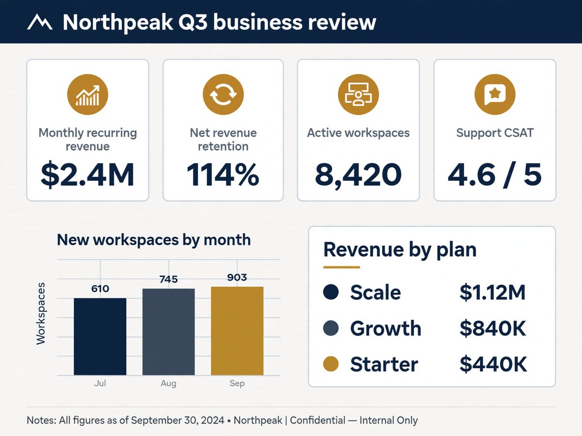 A landscape quarterly business review sheet on an off-white background with a navy header bar reading Northpeak Q3 business review, four KPI tiles across the top showing monthly recurring revenue $2.4M, net revenue retention 114%, active workspaces 8,420 and support CSAT 4.6 out of 5, a three-column chart of new workspaces by month below them, and a small revenue by plan table to its right