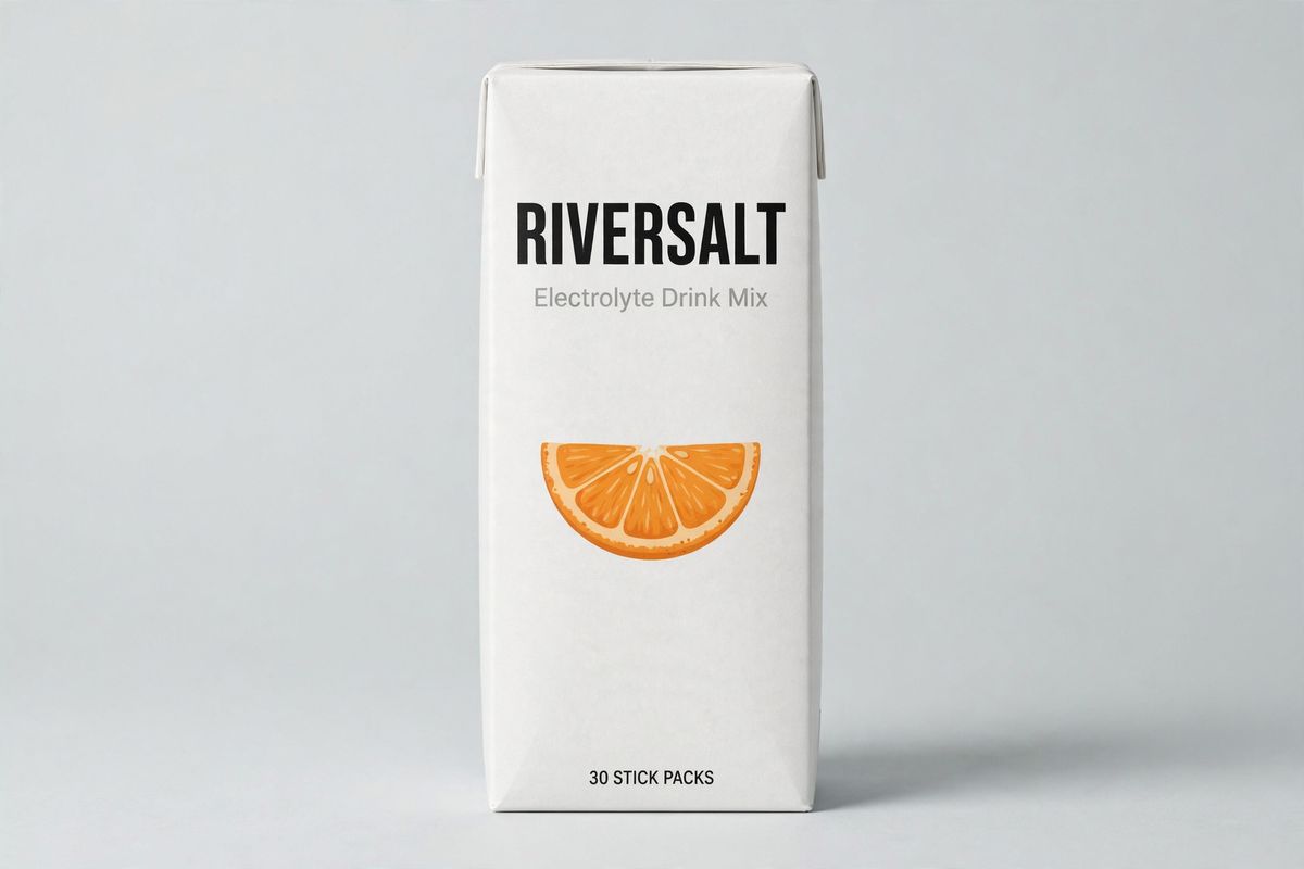 A studio packshot of a tall matte white carton on a pale grey backdrop, printed with RIVERSALT in heavy black capitals, Electrolyte Drink Mix in light grey beneath it, an orange citrus wedge graphic in the centre, and 30 STICK PACKS in small capitals along the bottom edge