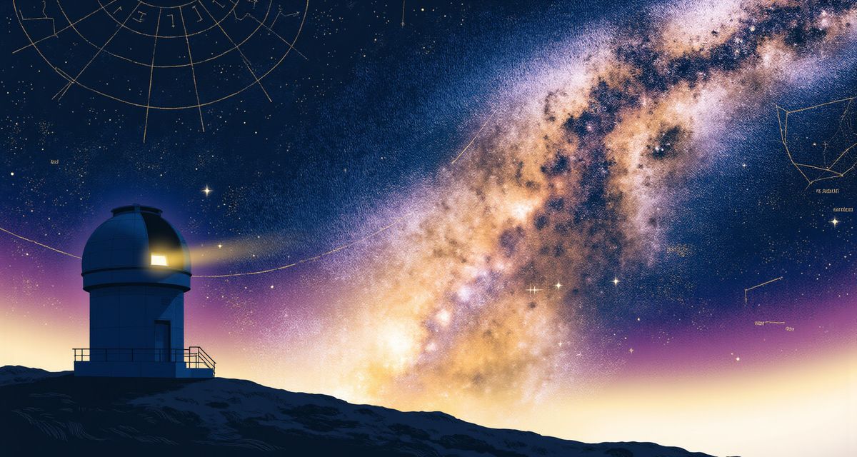 A lone observatory dome silhouetted on a mountain ridge under a sweeping Milky Way arc, deep navy sky with warm gold accents