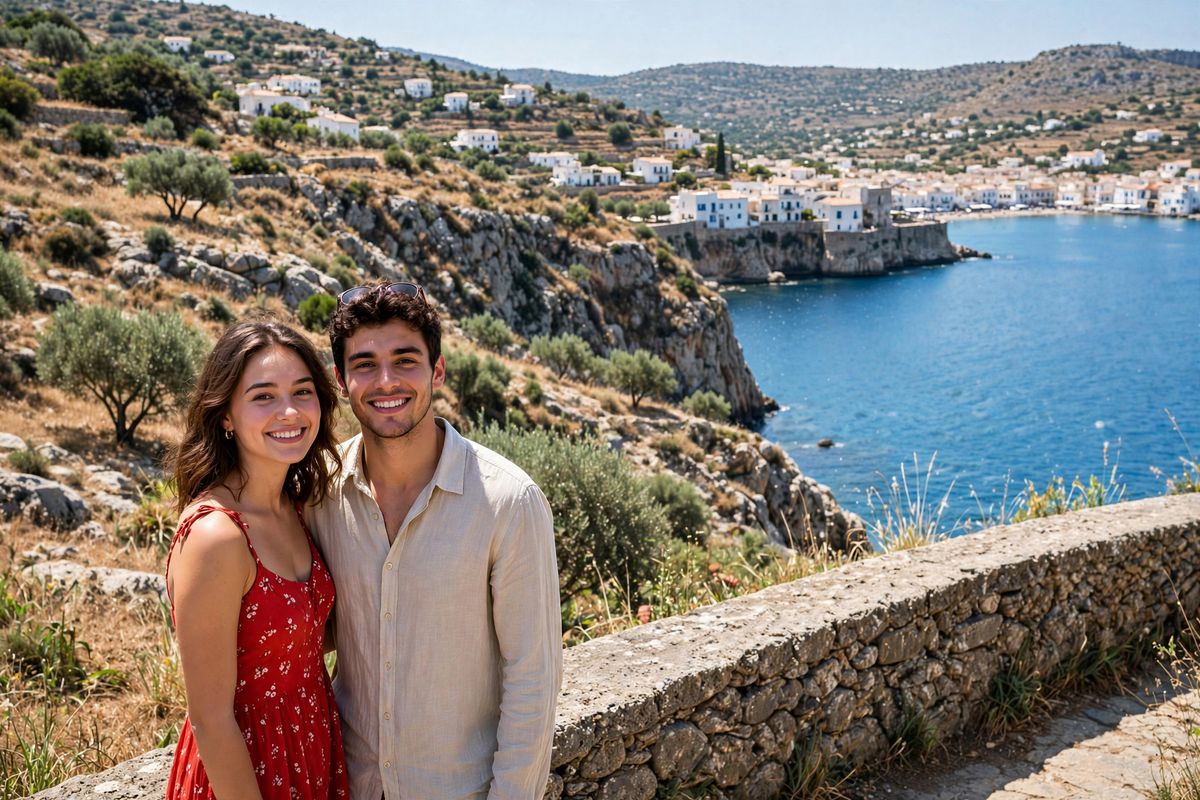 A young couple smiling at the camera on a stone clifftop viewpoint above a bright blue bay, a coastal town visible on the far shore, bright midday sun, with no one else in the frame