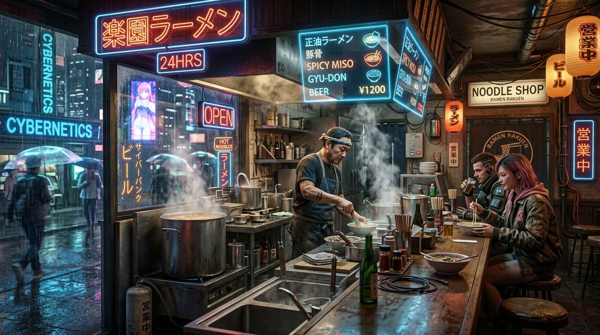 A detailed cyberpunk ramen bar at night with neon signs, a chef in steam, patrons at the counter, and a holographic menu