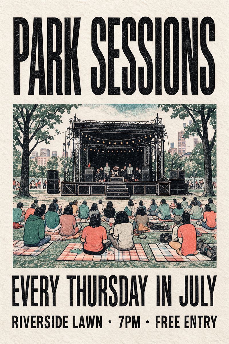 A risograph-style poster with PARK SESSIONS in huge black capitals, an illustration of a park stage and a crowd on picnic blankets, and the lines EVERY THURSDAY IN JULY and RIVERSIDE LAWN · 7PM · FREE ENTRY below