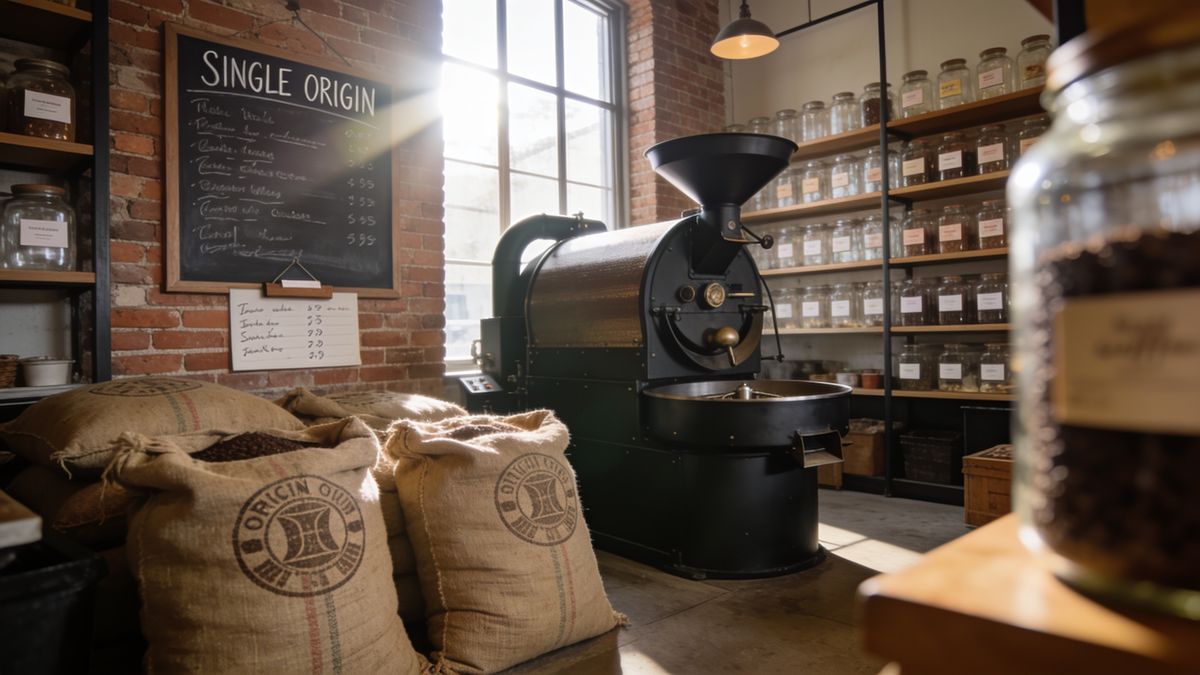 A coffee roastery interior with a black drum roaster, sunlit burlap sacks, and a chalkboard reading SINGLE ORIGIN