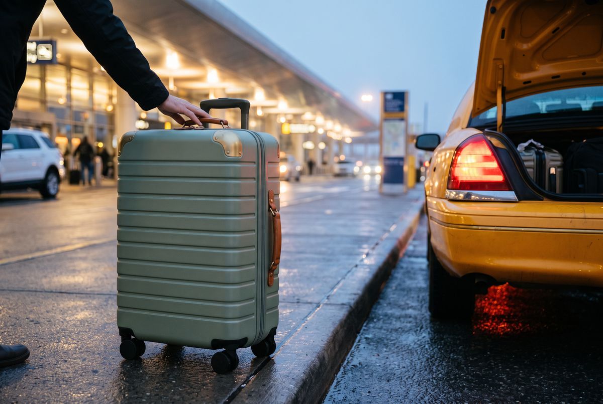 A sage green ribbed hard-shell suitcase with tan leather handles standing on a wet airport curb at dawn beside the open trunk of a yellow taxi, a traveler's hand resting on its top handle
