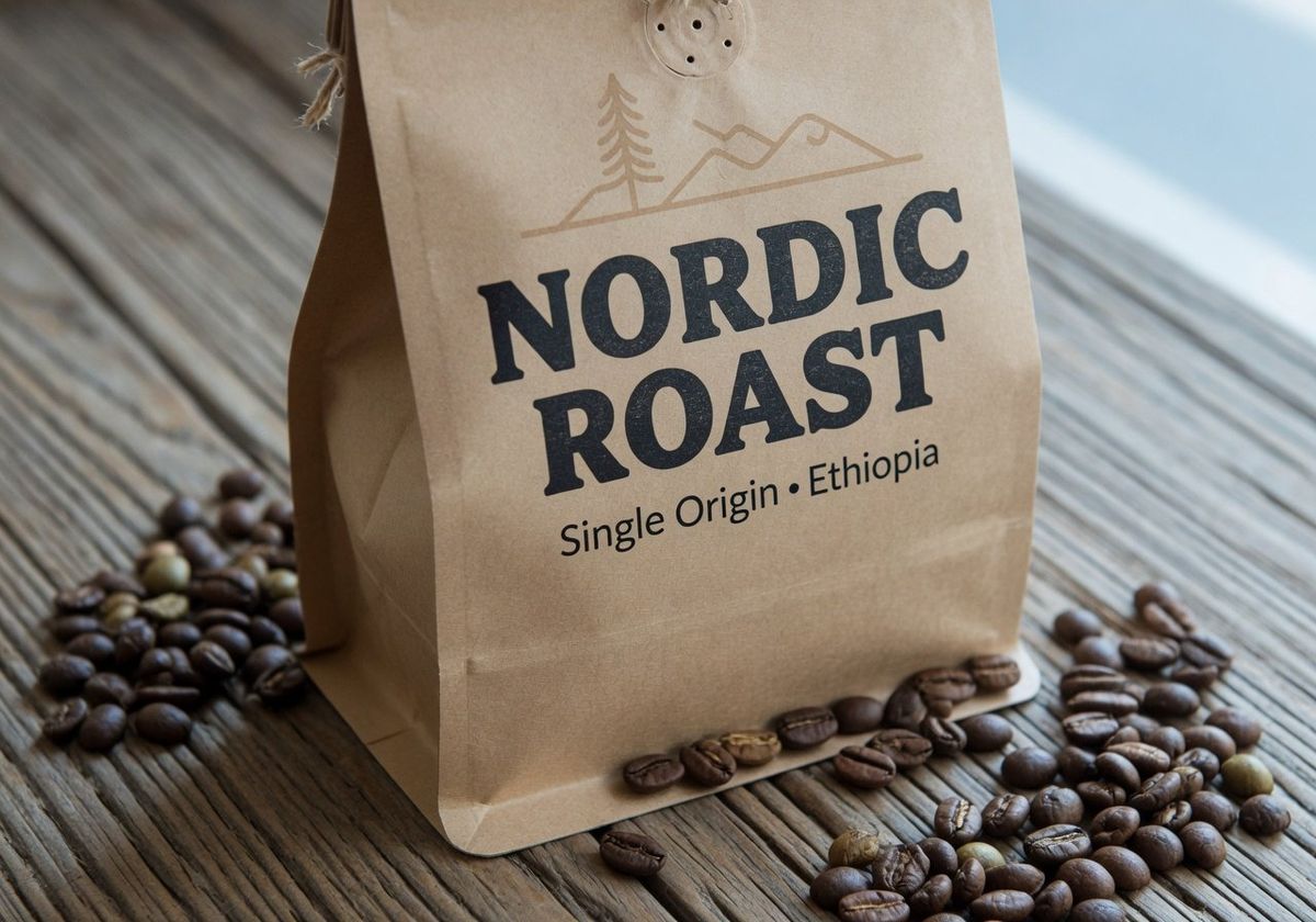 A premium coffee bag with the brand name NORDIC ROAST printed in matte black serif font, with Single Origin Ethiopia as a subtitle, sitting on a rustic wooden surface with scattered coffee beans