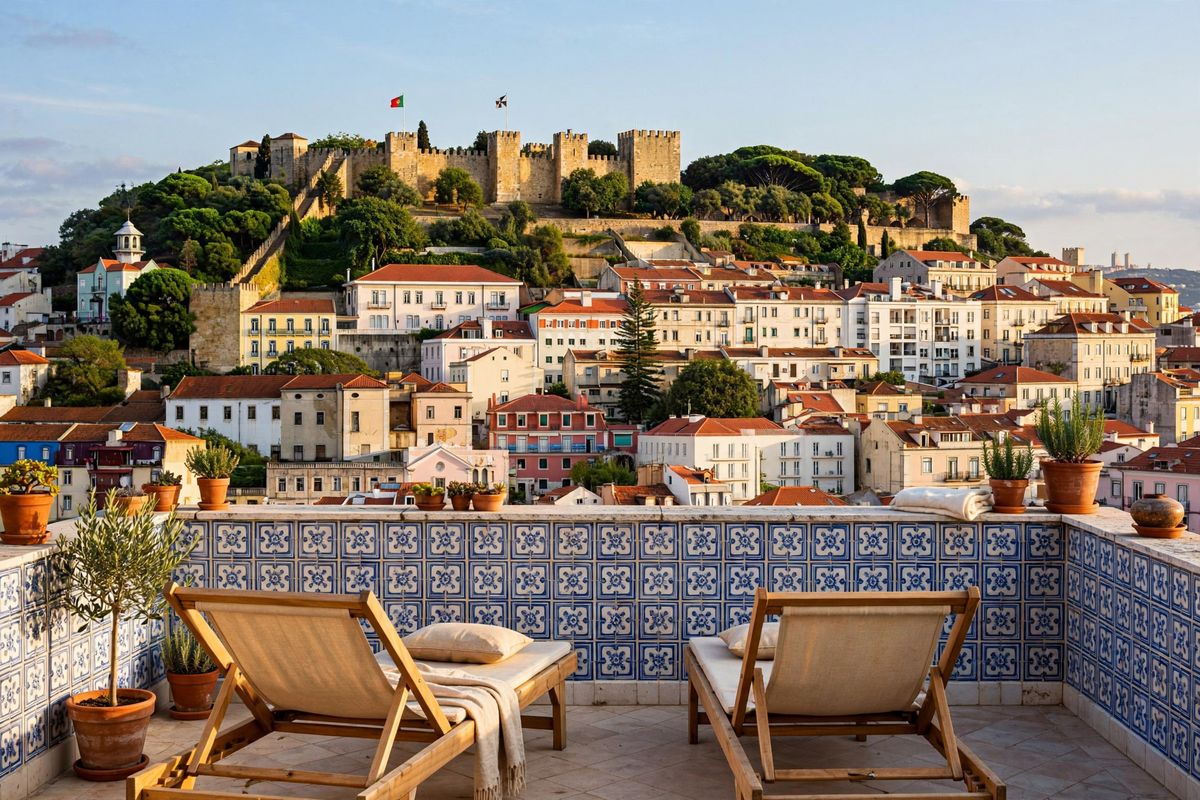 A hotel rooftop terrace with two wooden loungers behind a low tiled parapet, terracotta pantile roofs of Lisbon's Alfama quarter descending below, and the walls and towers of São Jorge Castle on the ridge behind under late afternoon sun