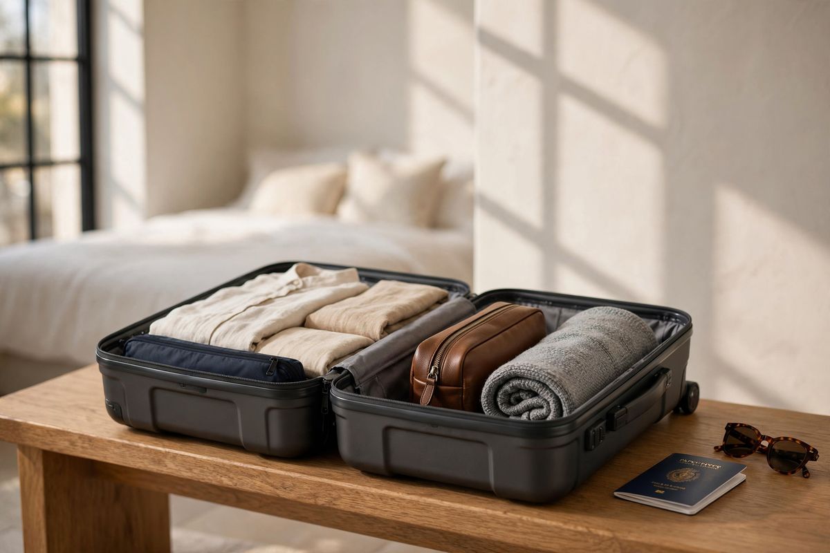 An open matte charcoal hard-shell carry-on suitcase on a low oak bench in a bright hotel room, packed with folded cream and sand linen shirts, a navy packing cube, a rolled grey knit and a leather wash bag, with a passport and tortoiseshell sunglasses on the bench beside it