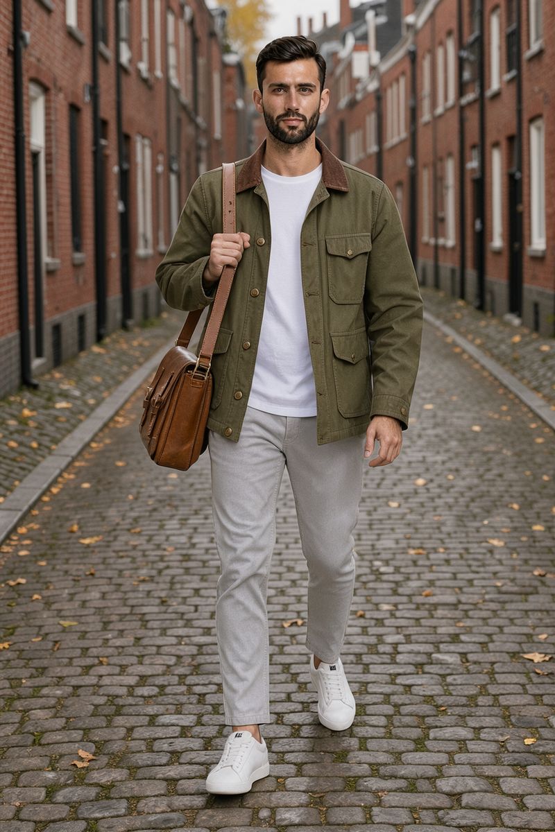 A bearded man walking down a red brick cobblestone lane in an olive field jacket with a corduroy collar over a white t-shirt and gray chinos, a tan leather messenger bag on his shoulder