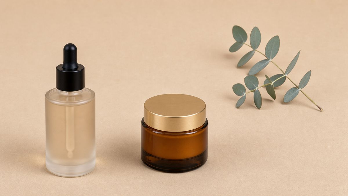 A serum bottle on the left, an amber cream jar in the center and a eucalyptus sprig in the upper right, arranged on a sand backdrop