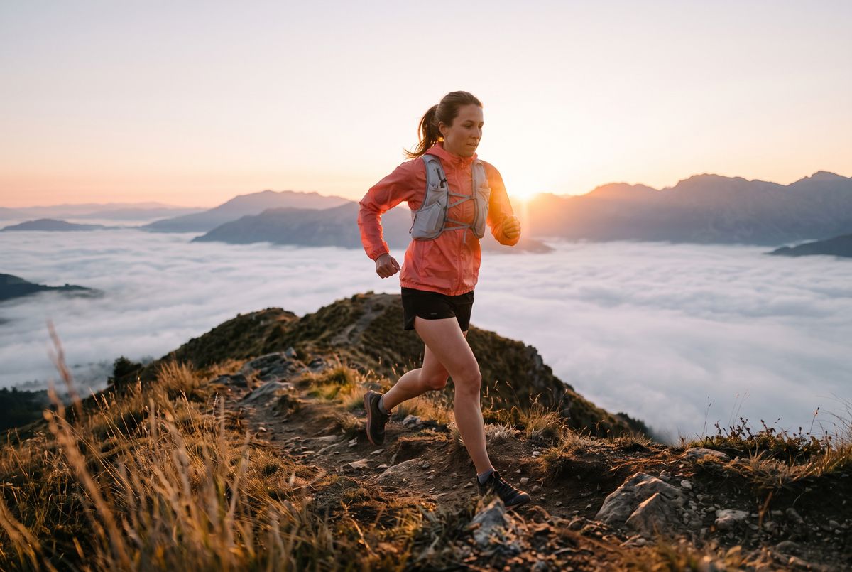 A woman in a coral windbreaker, black shorts, and a gray hydration vest running along a ridge trail at sunrise, rim-lit from behind, with fog in the valley below and golden grass blurred in the foreground