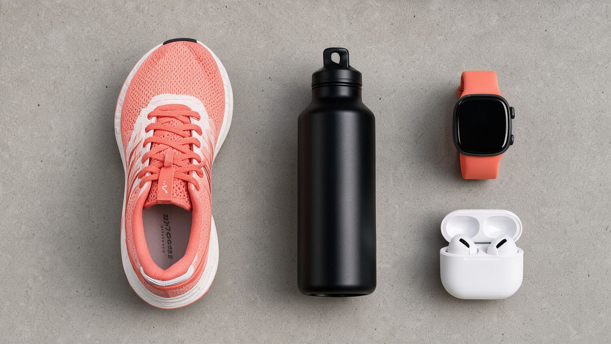 An overhead flat lay on gray concrete with a coral running shoe on the left, a black water bottle beside it, a smartwatch with a coral strap at the top right and an open white earbuds case at the bottom right