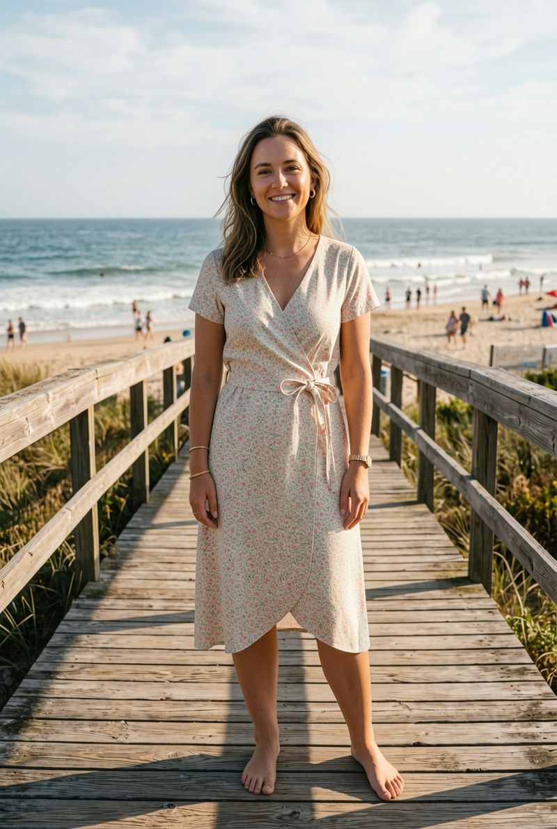 The same woman now wearing the floral wrap dress