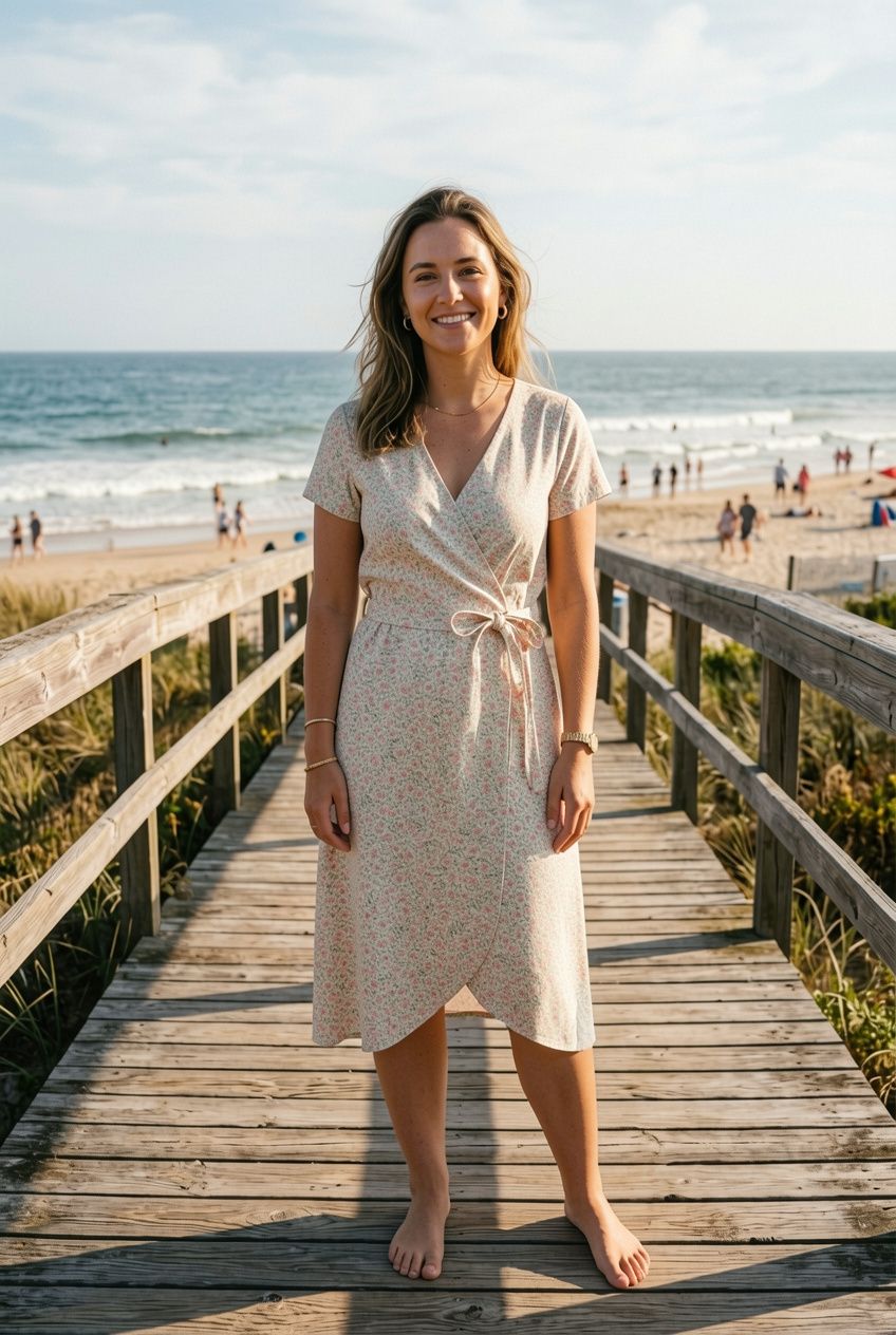 The same woman now wearing the floral wrap dress