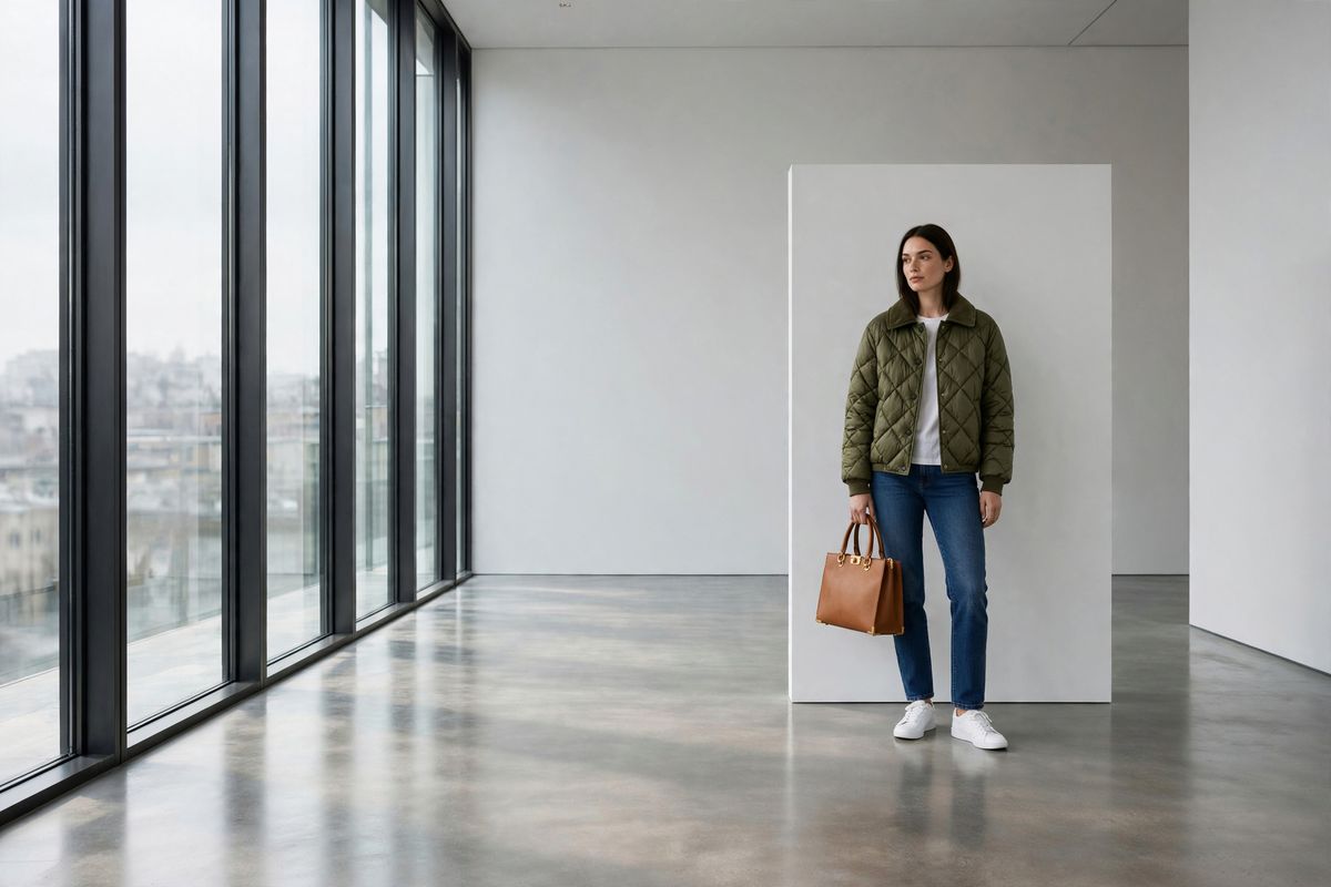 A woman in a quilted olive-green puffer coat, white t-shirt and indigo jeans standing in an empty gallery interior holding a tan leather tote, a blank white partition beside her and a full-height window behind