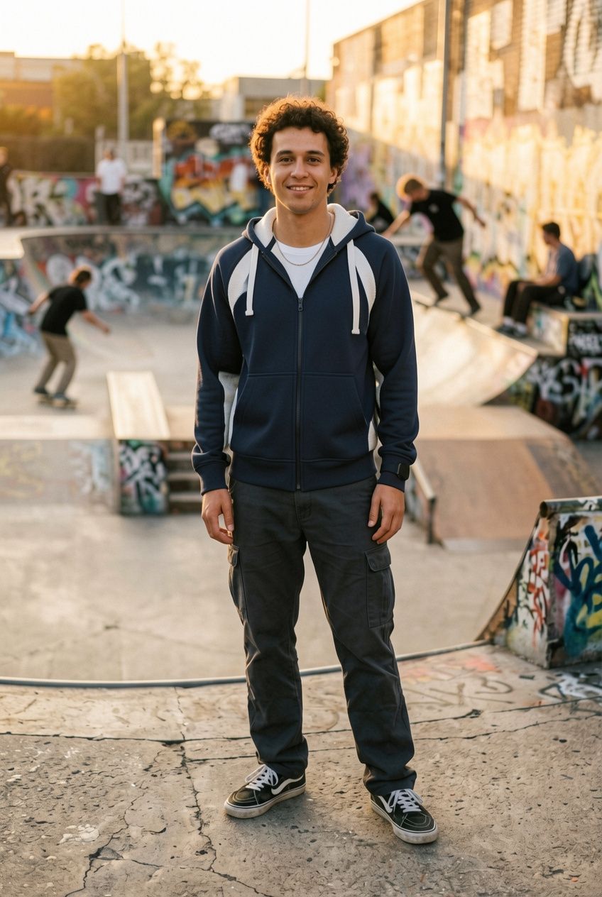 A young man in a sunlit urban skate park at golden hour wearing a navy blue zip-up hoodie, fully zipped