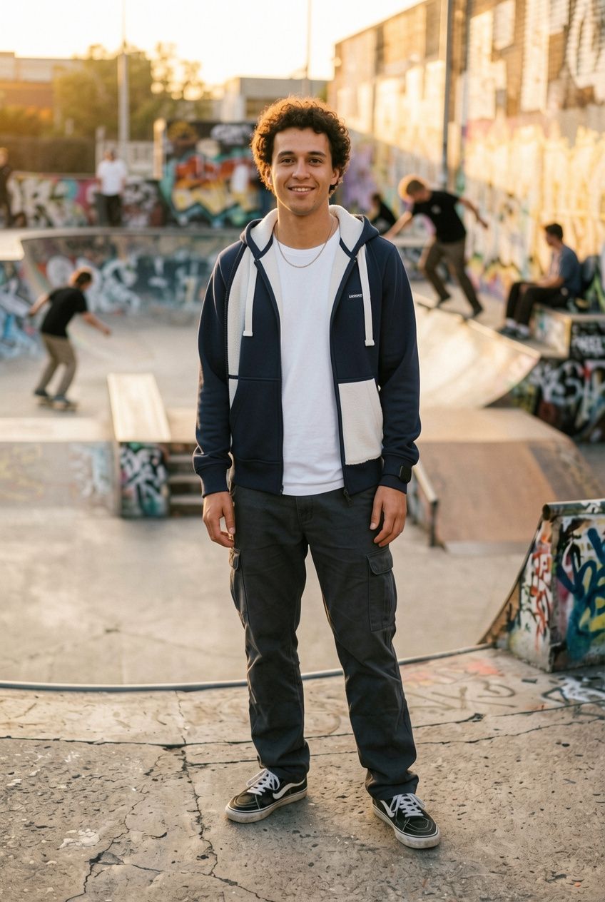 The same man in the skate park wearing the navy blue zip-up hoodie unzipped and open