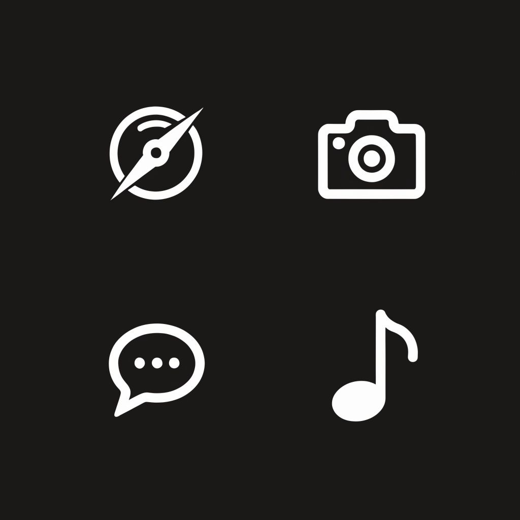 Four flat design app icons in white on a dark gray background