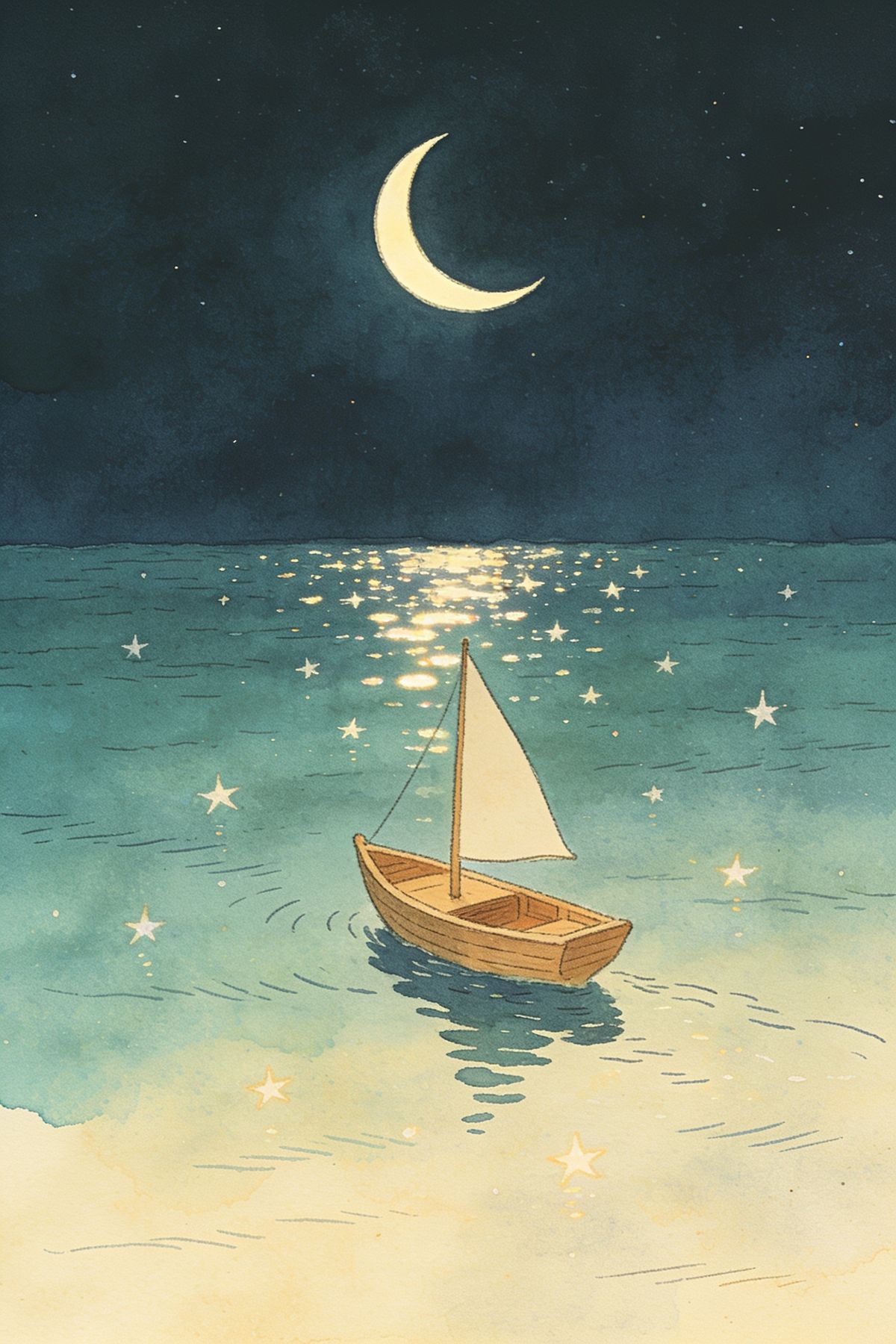 A gouache storybook illustration of a small sailboat on a calm sea under a crescent moon