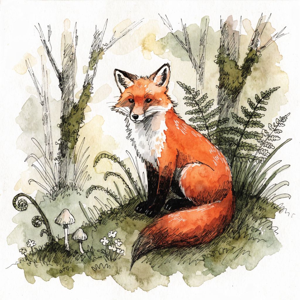 A hand-drawn illustration of a fox sitting in a forest clearing with watercolor textures
