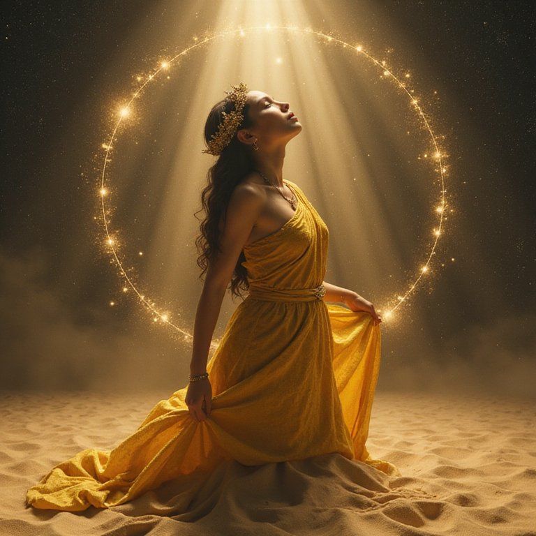 A goddess-like woman wrapped in golden fabric, her head tilted upward toward a beam of celestial light. Her body disappears downward into flowing sand, as constellations circle her arms and crown