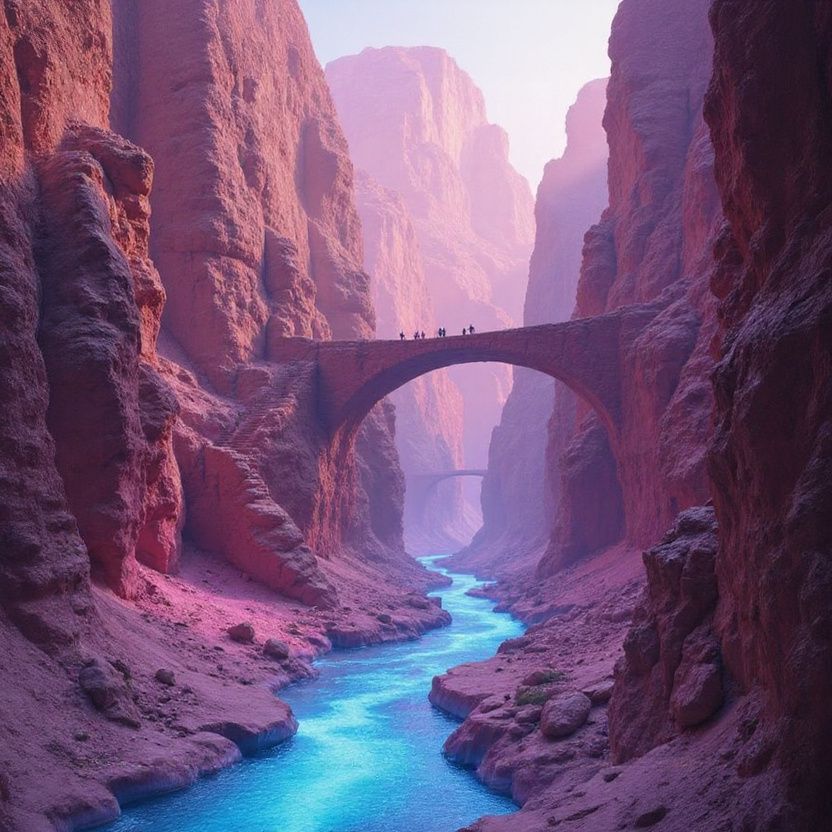 A candy-colored canyon carved by glowing rivers, with bridges and stairways connecting ledges. Small figures cross in the distance