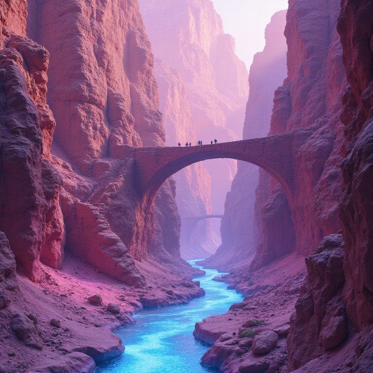 A candy-colored canyon carved by glowing rivers, with bridges and stairways connecting ledges. Small figures cross in the distance
