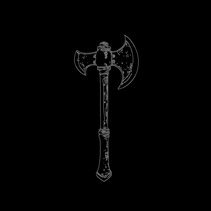 Canny edge detection map of an axe, showing white outlines on a black background