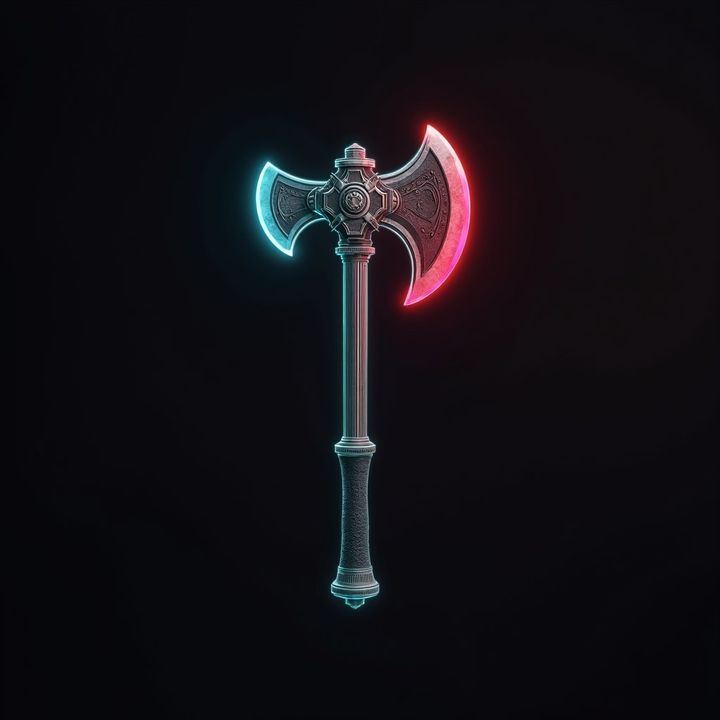 A glowing neon cyberpunk axe game asset on a black background