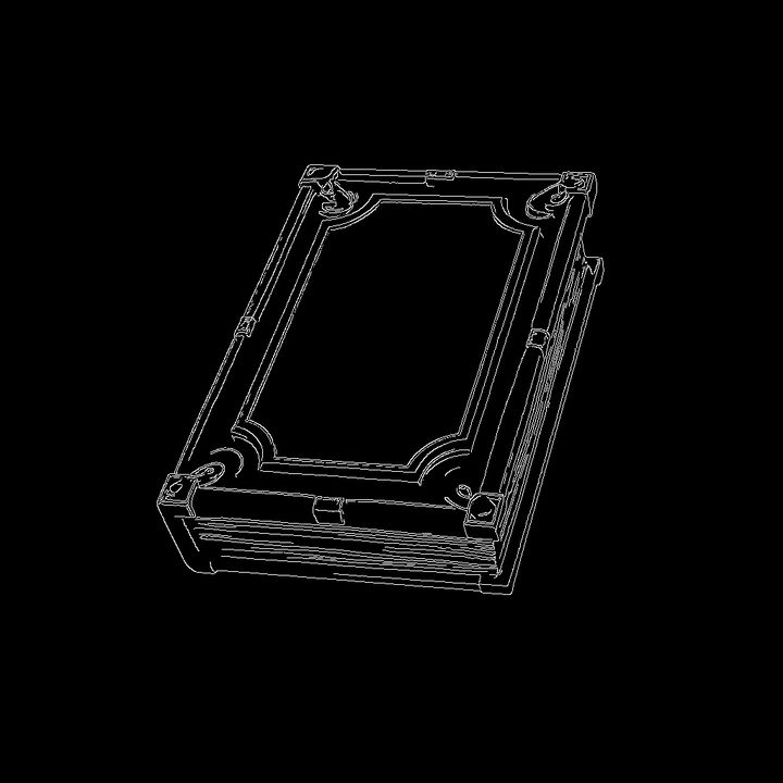 Canny edge detection map of a spell book, showing white outlines on a black background