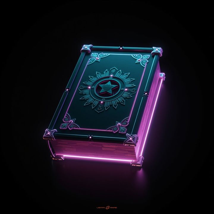 A glowing neon cyberpunk spell book game asset on a black background