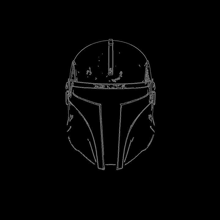 Canny edge detection map of a helmet, showing white outlines on a black background