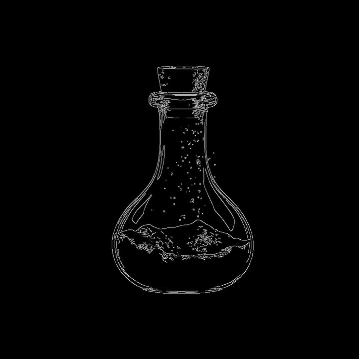 Canny edge detection map of a potion bottle, showing white outlines on a black background