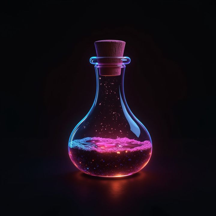 A glowing neon cyberpunk potion bottle game asset on a black background