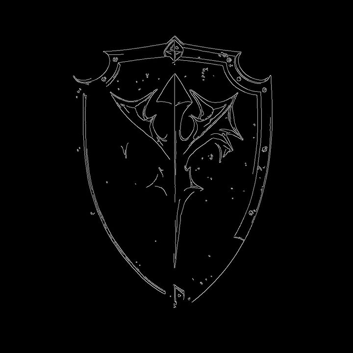 Canny edge detection map of a shield, showing white outlines on a black background