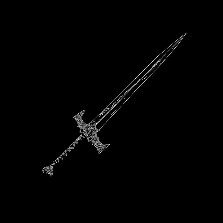 Canny edge detection map of a sword, showing white outlines on a black background