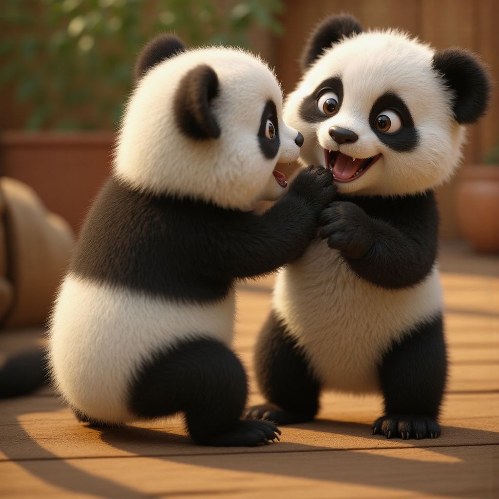 Pixar-style 3D render of a baby panda playfully biting another panda’s cheek, soft fluffy fur, big expressive eyes, warm lighting, shallow depth of field, the second panda is partially cut off on the left, cute and mischievous, stylized realism