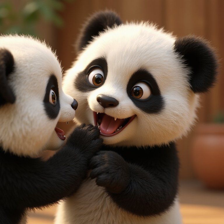 Pixar-style 3D render of a baby panda playfully biting another panda’s cheek, soft fluffy fur, big expressive eyes, warm lighting, shallow depth of field, the second panda is partially cut off on the left, cute and mischievous, stylized realism